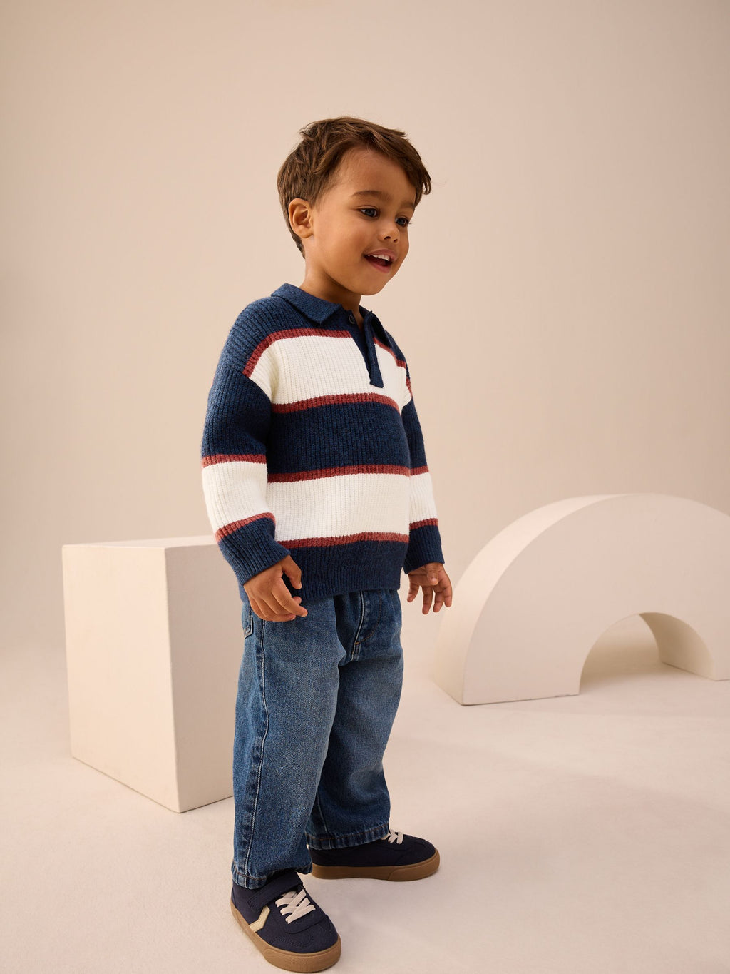 Navy Blue/Burgundy Knitted Stripe Rugby Polo Shirt (3mths-7yrs)