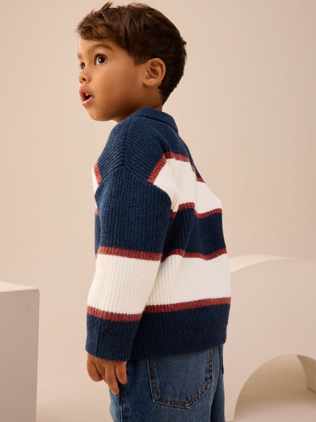 Navy Blue/Burgundy Knitted Stripe Rugby Polo Shirt (3mths-7yrs)