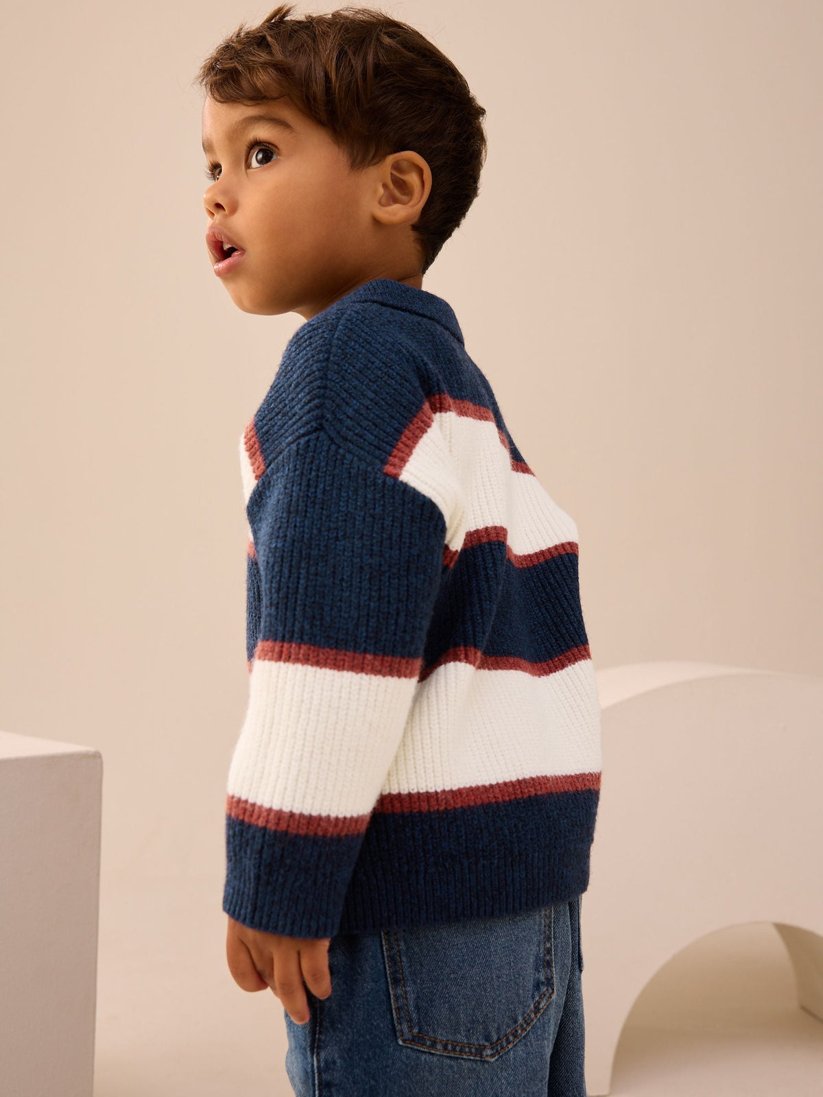 Navy Blue/Burgundy Knitted Stripe Rugby Polo Shirt (3mths-7yrs)