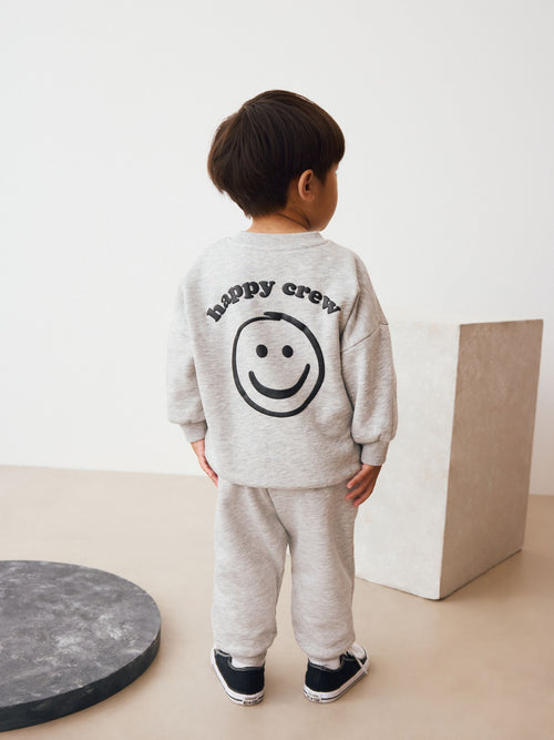 Grey Marl Back Print Crew Neck Joggers Set (3mths-7yrs)