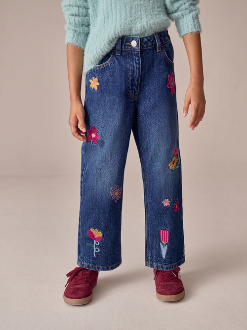 Mid Blue Regular Fit Floral Embroidered Straight Leg Jeans (3-16yrs)