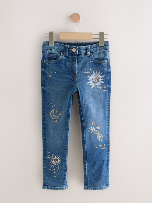 Mid Blue Skinny Fit Floral Embroidered Straight Leg Jeans (3-16yrs)