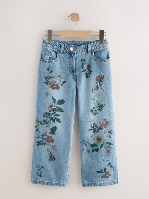 Mid Blue Denim Floral Print Wide Leg Jeans (3-16yrs)