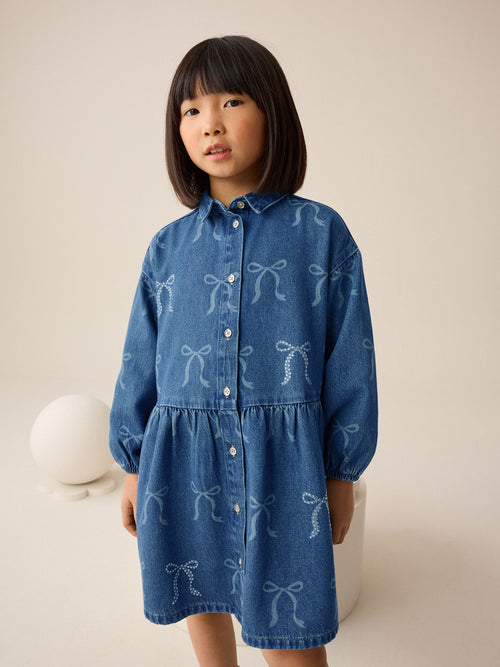 Blue Denim Bow Diamante Shirt Dress (3-16yrs)