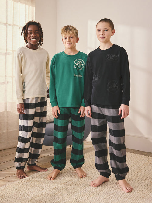 Black/Green/White Woven Check Pyjamas 3 Pack (3-16yrs)