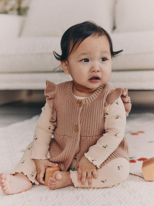 Neutral Cherry Knitted Gilet, Long Sleeve Top and Leggings 3 Piece Set (0mths-3yrs)