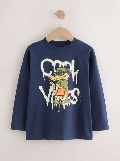 Navy Blue Crocodile Relaxed Fit Graphic Long Sleeve Cotton T-Shirt (3-16yrs)