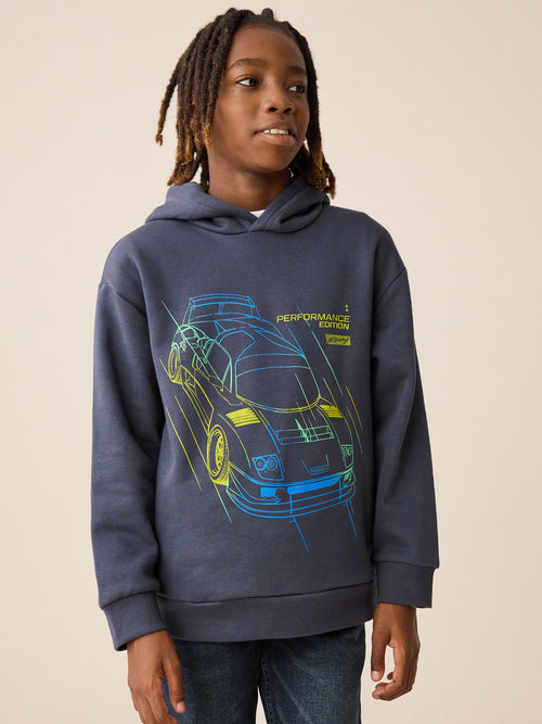 Navy Neon Car Older Graphic Print Hoodie (3-16yrs)