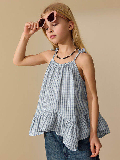 Blue Check Strappy Dippy Hem Blouse (3-16yrs)