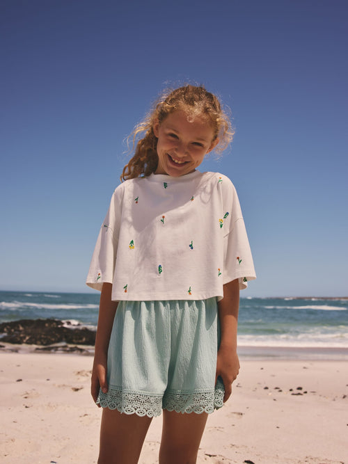 White Floral/Blue T-Shirt and Textured Shorts Set (3-16yrs)