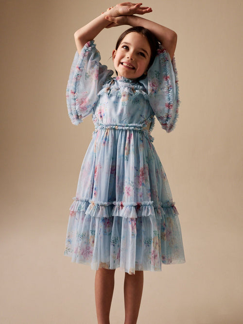 Light Blue Floral Angel Sleeve Mesh Occasion Dress (3-16yrs)