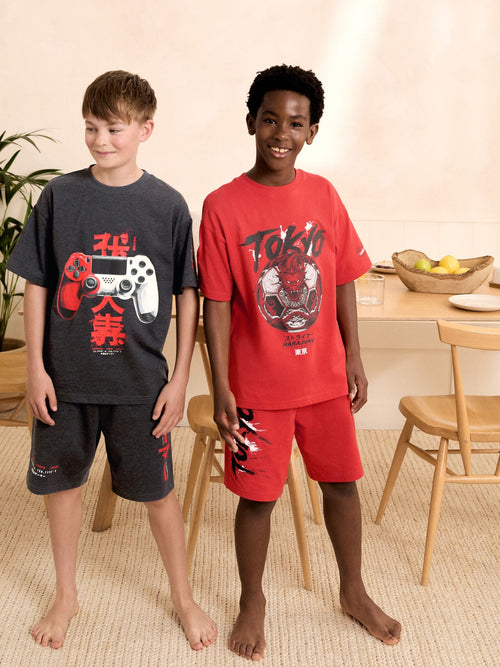 Grey/Red Tokyo Football Short Pyjamas 2 Pack (3-16yrs)