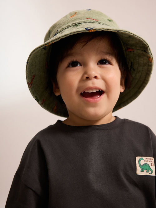 Khaki Green All-Over Embroidered Dinosaur Bucket Hat (3mths-10yrs)