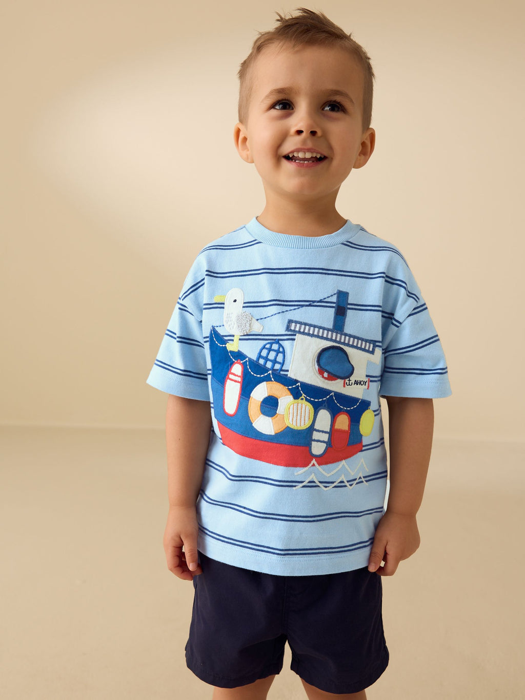 Blue Stripe Sealife Boat Short Sleeve Interactive T-Shirt (3mths-7yrs)