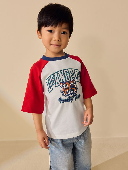 White/Burgundy Raglan Varsity Tiger Short Sleeve Graphic T-Shirt (3mths-7yrs)