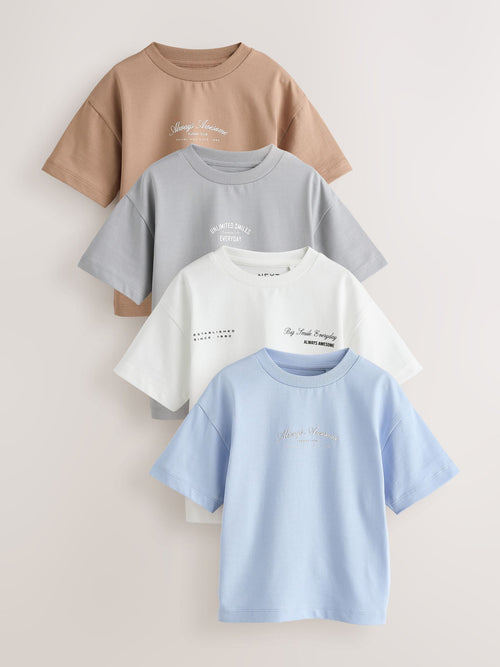 Grey/Brown/Blue/White Slogan Short Sleeve Graphic T-Shirts 4 Pack (3mths-7yrs)