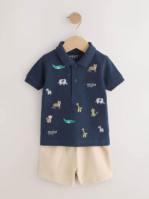 Navy All Over Embroidery Safari Animals Short Sleeve Polo Shirt and Shorts Set (3mths-7yrs)