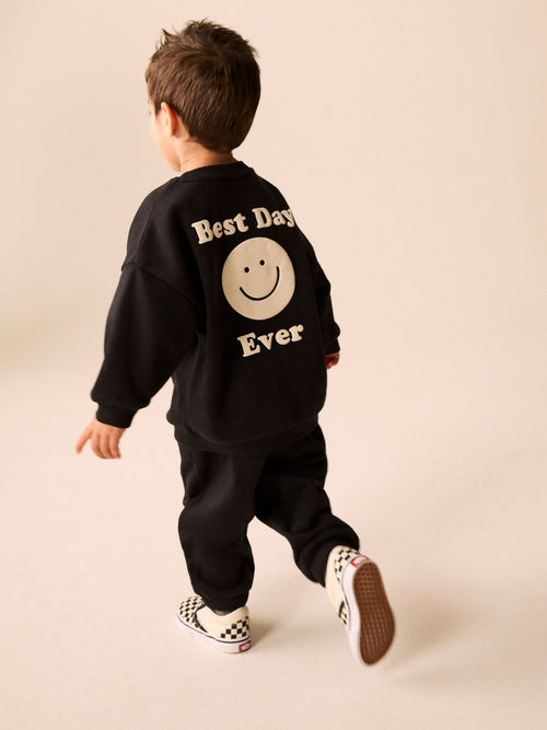 Black Back Print Crew Neck Joggers Set (3mths-7yrs)