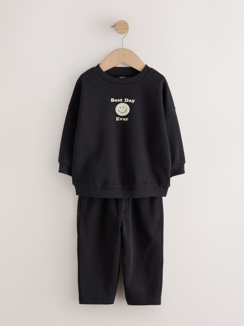Black Back Print Crew Neck Joggers Set (3mths-7yrs)