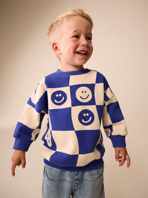 Blue Checkerboard All Over Printed Crew Neck Sweat Top (3mths-7yrs)