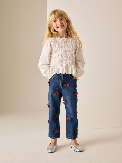 Denim/ Red Tartan Bows Mom Jeans (3-16yrs)