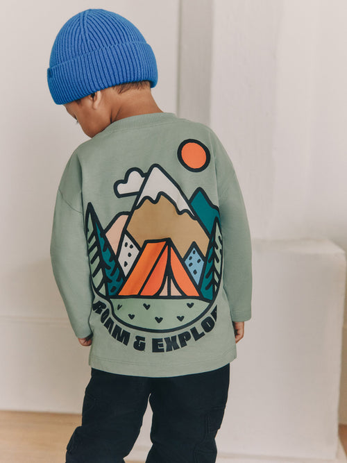 Sage Green Roam and Explore Long Sleeve Back Graphic T-Shirt (3mths-10yrs)