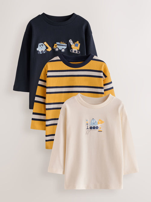Navy Digger Embroidery Long Sleeve Graphic T-Shirts 3 Pack (3mths-7yrs)