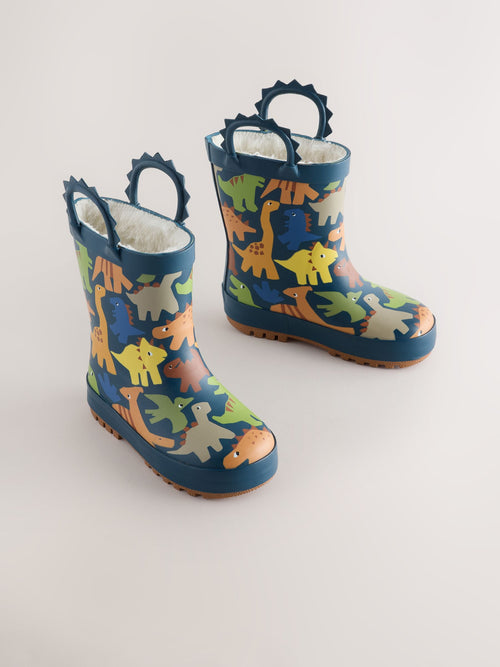 Navy Dinosaur Warm Lined Handle Wellies
