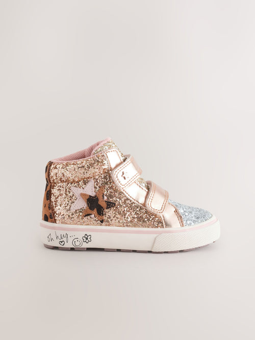 Gold Glitter Wide Fit (G) Touch Fastening High Top Trainers