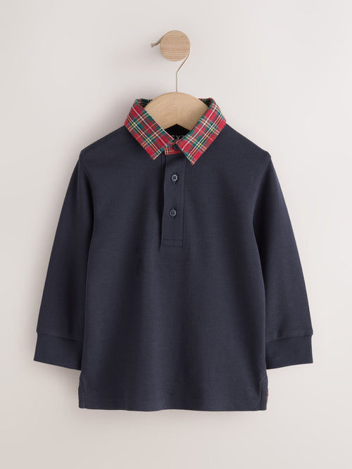 Navy Tartan Long Sleeve Polo Shirt (3mths-7yrs)