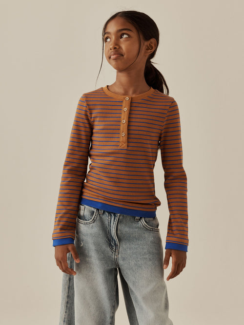 Brown Stripe Long Sleeve Ribbed Henley Top (3-16yrs)