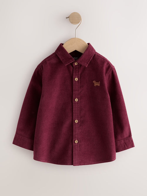 Burgundy Red Dog Embroidery Long Sleeve Cord Shirt (3mths-7yrs)