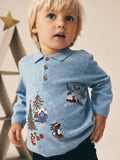 Blue Christmas Knitted Polo Shirt (3mths-7yrs)