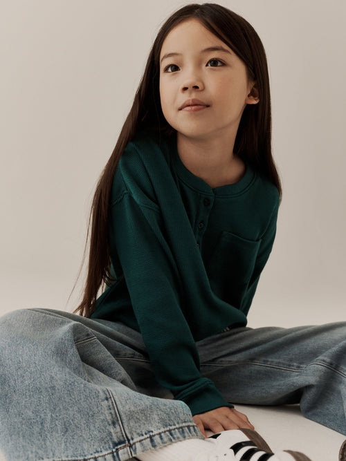 Green Waffle Henley Top (3-16yrs)