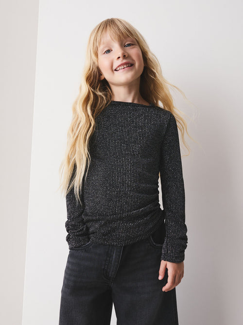 Black Sparkle Long Sleeve Ruched Top (3-16yrs)