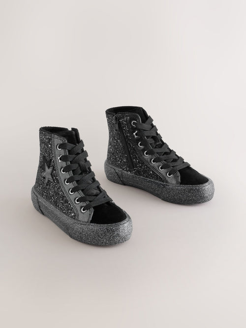 Black Glitter Wide Fit (G) Lace Up High Top Trainers