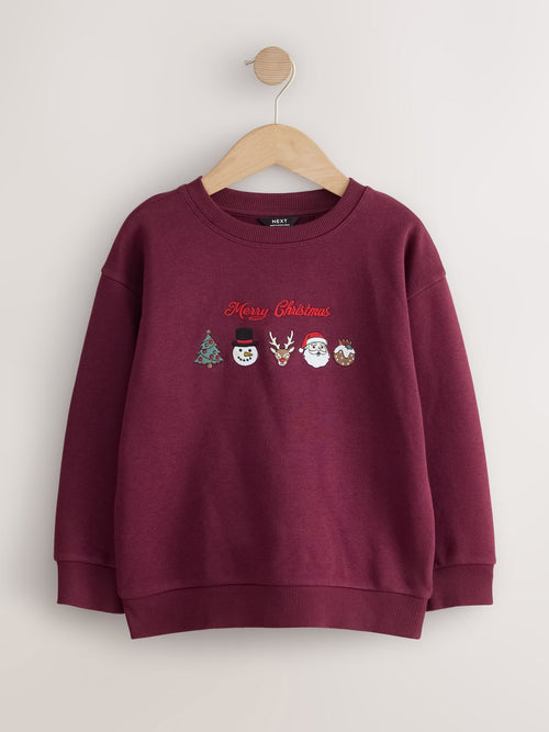 Burgundy Red Embroidery Christmas Crew Neck Sweater (3-16yrs)