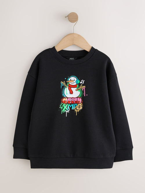 Black Multi Snowman Christmas Crew Neck Sweater (3-16yrs)