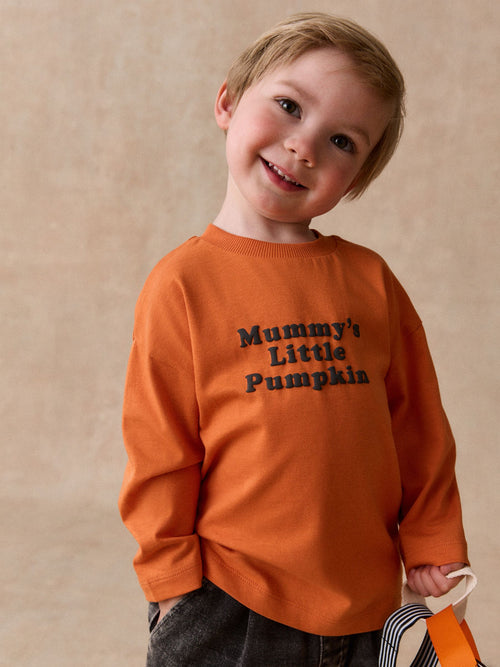 Orange Mummy's Little Pumpkin Slogan Long Sleeve Halloween T-Shirt (3mths-7yrs)