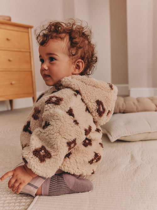 Neutral and Chocolate Floral Borg Baby Zip Thru Jacket (0mths-2yrs)