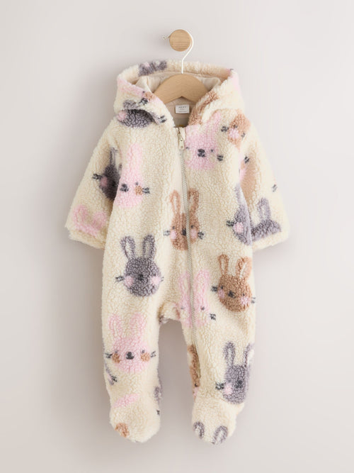 Ecru Bunny All Over Print Borg Hooded Baby All-In-One (0mths-2yrs)