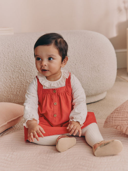 Red Cord Baby Pinafore Long Sleeve Bodysuit And Tights 3 Piece Set (0mths-2yrs)