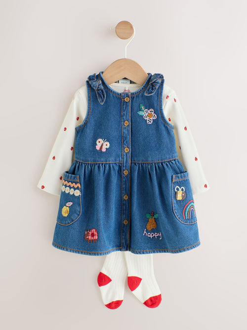 Denim Embroidered Pinafore and Bodysuit Baby 3 Piece Set With Tights (0mths-2yrs)