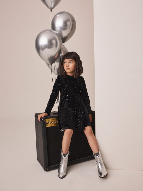 Black Long Sleeve Velvet Sparkle Dress (3-16yrs)