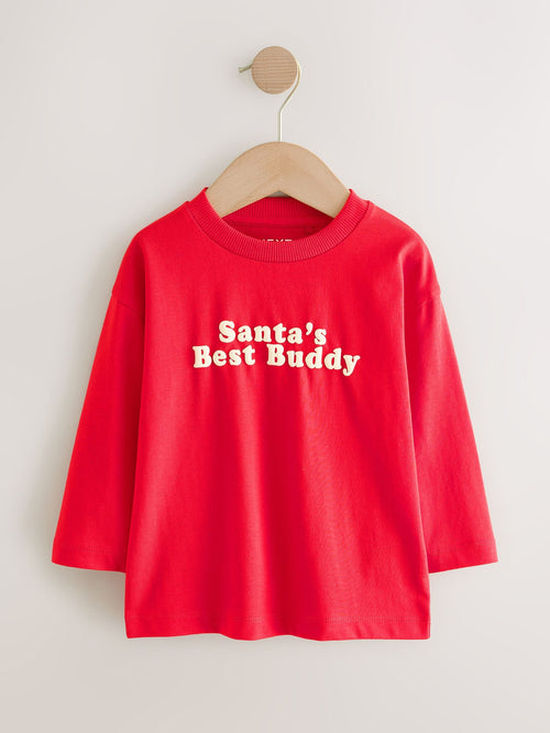 Bright Red Santa's Best Buddy Long Sleeve Christmas T-Shirt (3mths-7yrs)