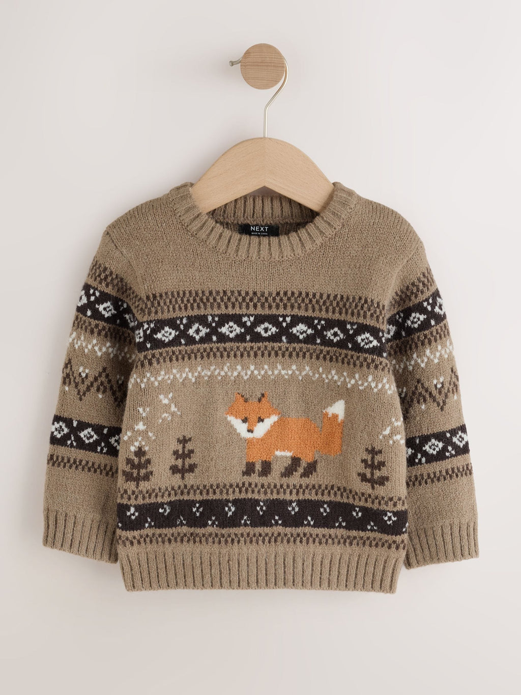 Mink Brown Fox Character Knitted Crew Neck Jumper (3mths-7yrs)