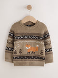 Mink Brown Fox Character Knitted Crew Neck Jumper (3mths-7yrs)