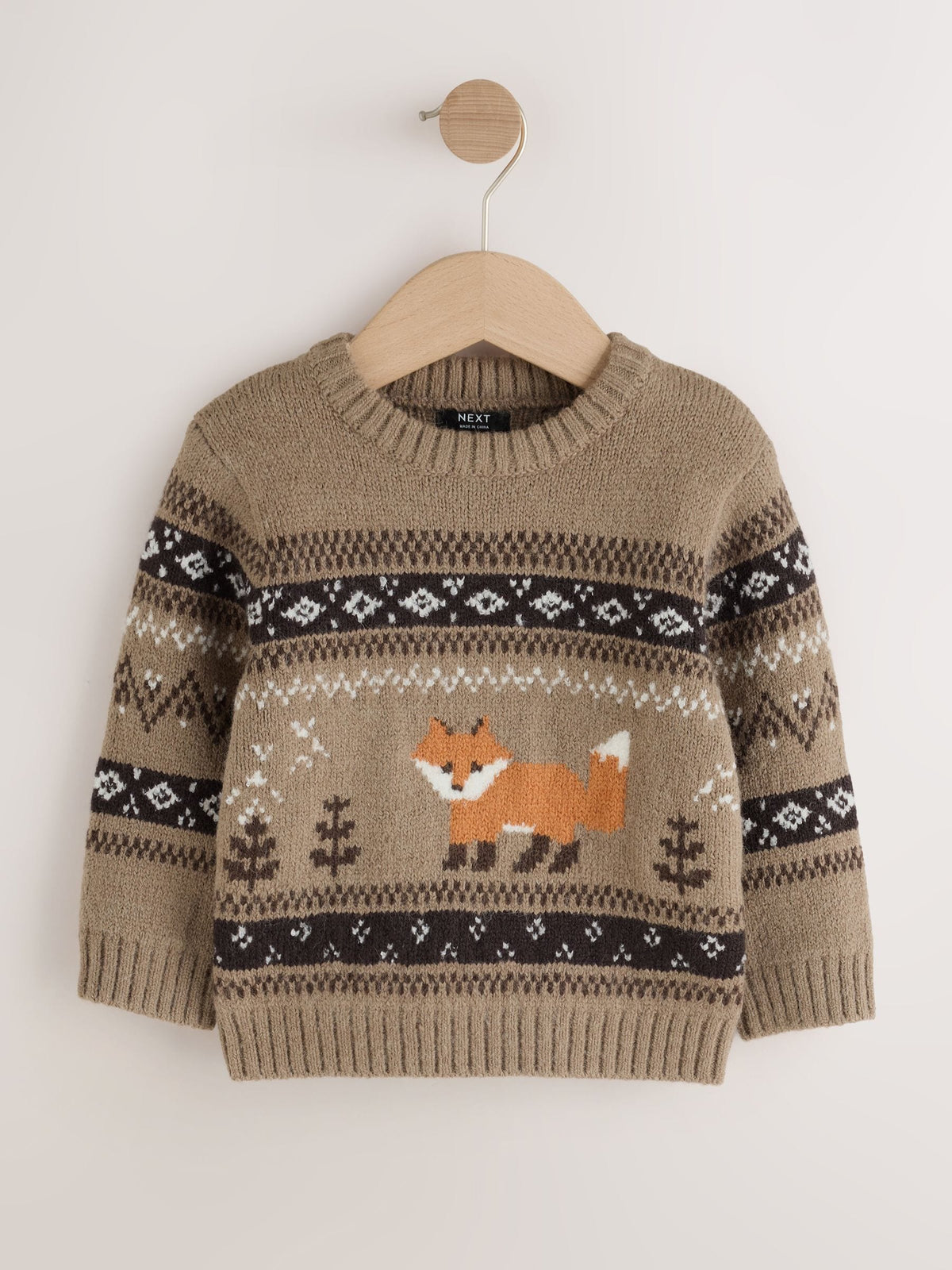 Mink Brown Fox Character Knitted Crew Neck Jumper (3mths-7yrs)