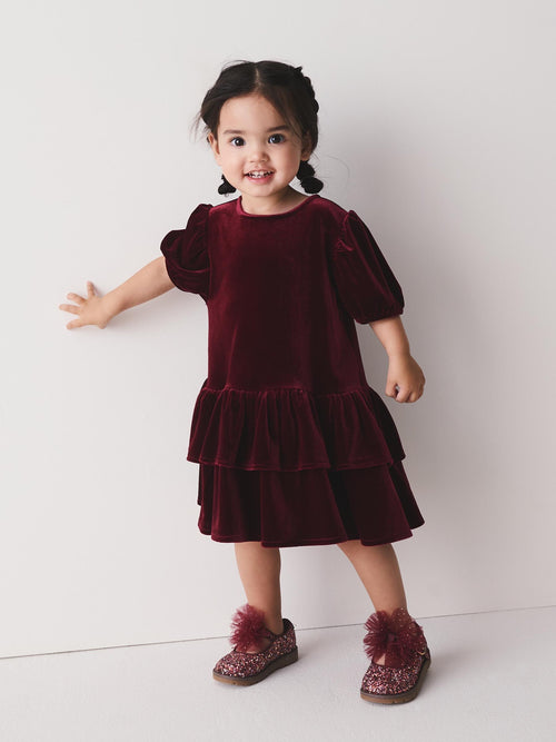 Burgundy Red Velvet Short Sleeve Occasion Dress (3mths-8yrs)