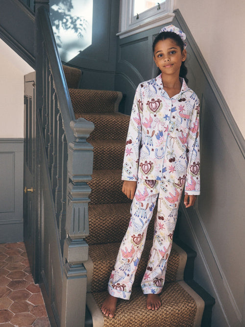White/Pink Printed Satin Button Through Pyjamas (3-16yrs)